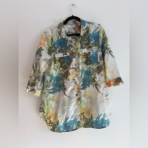 Chico's 100% Linen Green Button Front 3/4 Sleeve Top Beach Lagenlook Vacation 12